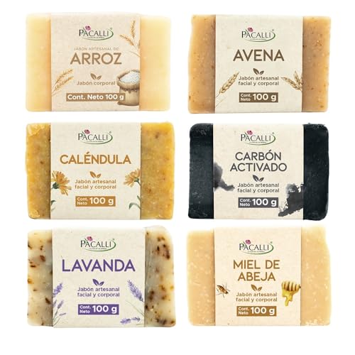 PACALLI Jabones Artesanales 6 Pack; Arroz, Avena, Caléndula, Carbón Activado,...