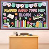 Naozinebi Reading Makes Your Mind Bloom Bulletin Board Set Spring Theme Flower Classroom Decoration Retro Book Floral Cutouts for Schools Library Office Wall Chalkboard Back to School Decor Supplies