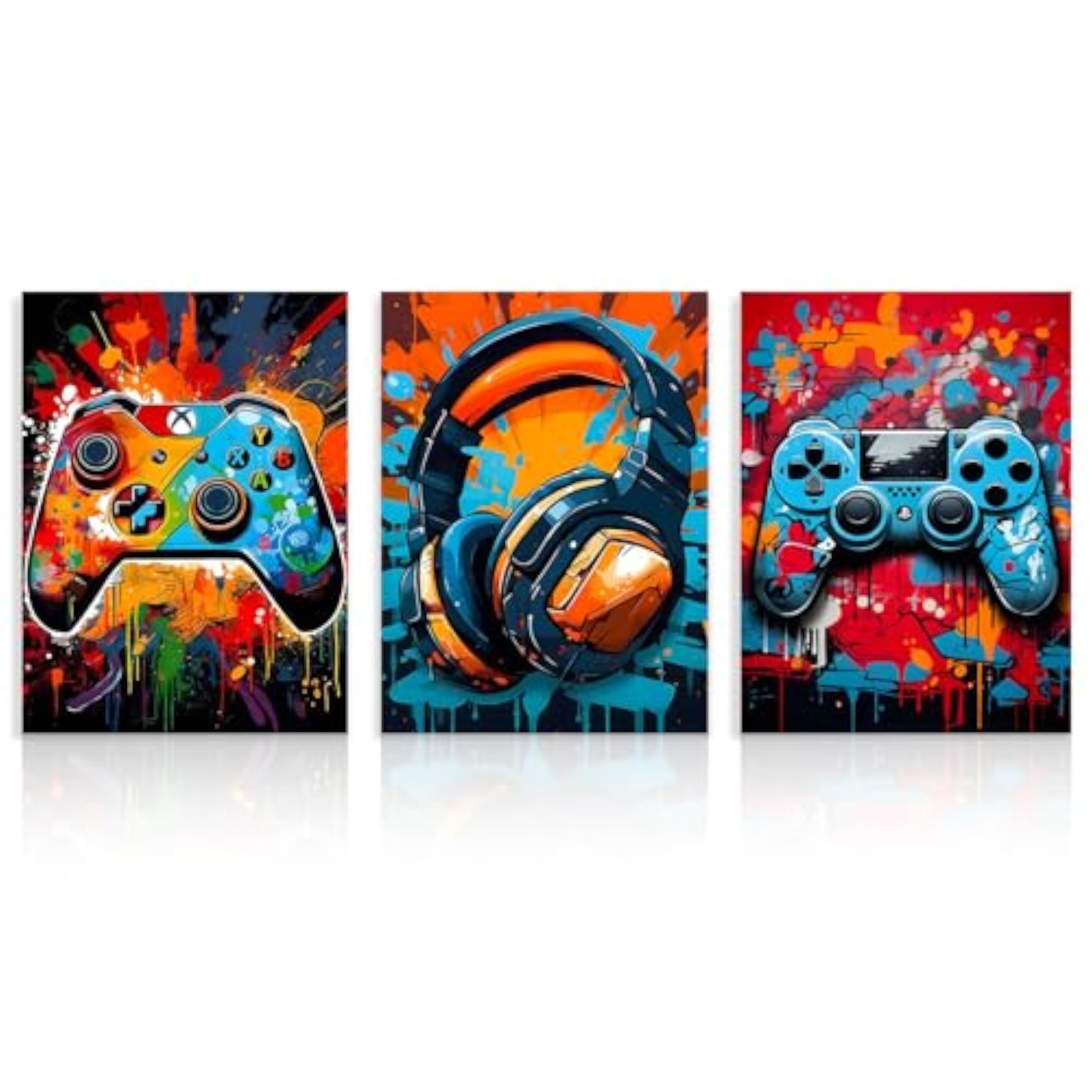 Dazzlewall 3 piezas de arte de pared de videojuegos, graffiti de gamepad y auriculares, cuadros pintados, pósters geniales de video para dormitorio de adolescentes, habitación de juegos, decoración de