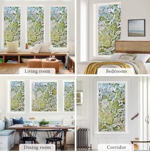 Image of WALLMATE Window Privacy Film Frosted Vinyl Glass Covering, UV Blocking, Non-Adhesive, No-Glue, for Bathroom Living Room Office,(24x100 Inch, Plam Leaf)