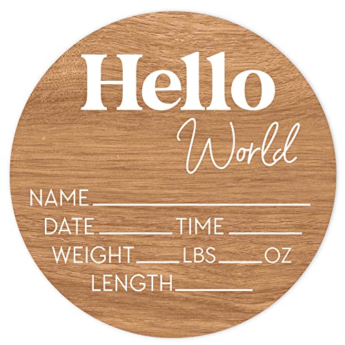 Image of Hello World Newborn Sign - Baby Name Birth Announcement Plaque for Hospital - Photo Prop - Rustic Wood Nursery Decor - Shower Gift
