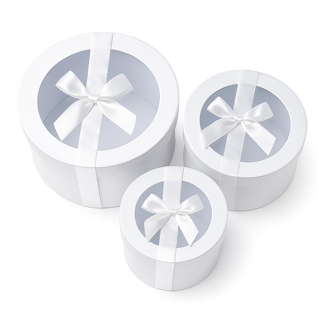 Home Garden Ornaments Women's White With Ribbon Gift Boxes For Presents With Transparent Lid And Ribbon Bow – 3Pc Decorative Cardboard Gift Boxes For Flowers And Sweets – White
