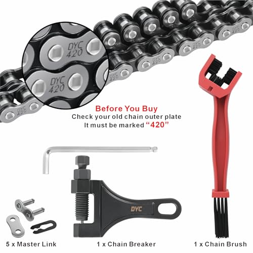 Image of DYC 420 Chain 132 Links Cut-to-Fit w /Master Link + Chain Breaker Tool & Chain Brush for Mini Bike, Pit Bike, Dirt Bike, ATV & Go Kart (Coleman, Baja, SSR, TaoTao, Coolster, Apollo, Kazuma)