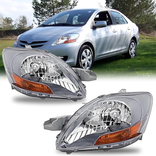 Pair Headlights Assembly Set OE Style For 2007 2008 2009 2010 2011 Toyota Yaris Base S 4-Door Sedan Replacement Headlamps Chrome Housing Amber Corner Driver & Passenger Side TO2518108 TO2519108