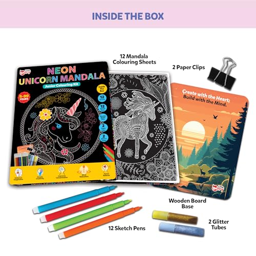 Image of Little Berry DIY Neon Unicorn Mandala Art Kit for Girls 9-12 Years | Art & Craft Kit for Girls | Colouring and Painting Set for Kids with 12 Mandala Designs and Sketch Pens | Gift Set for Kids Age 9+