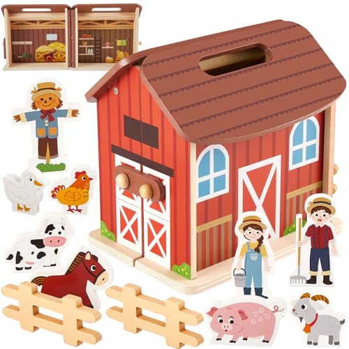 HERSITY Ferme en Bois avec Animaux Jouet, Jeux Montessori Ferme Jouets d'Activité et de Développement Educatif Cadeau pour Enfant Garçon Fille 3 4 Ans