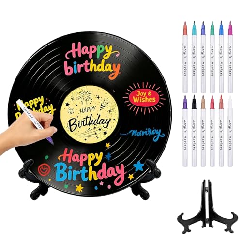 Nurila Gästebuch Vinyl Schallplatte 12 Farben Stifte & Halterung Geburtstags Gästebuch als Deko Party Geschenk & Poster für Jungen Mädchen Kreativ Geburtstagsdeko