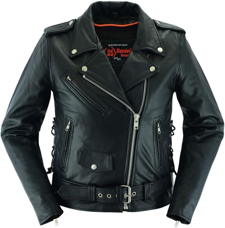 Daniel Smart Womens Motorcycle Jacket Real Cowhide Leather Bikers Jacket with Side Laces & Zip-out Liner