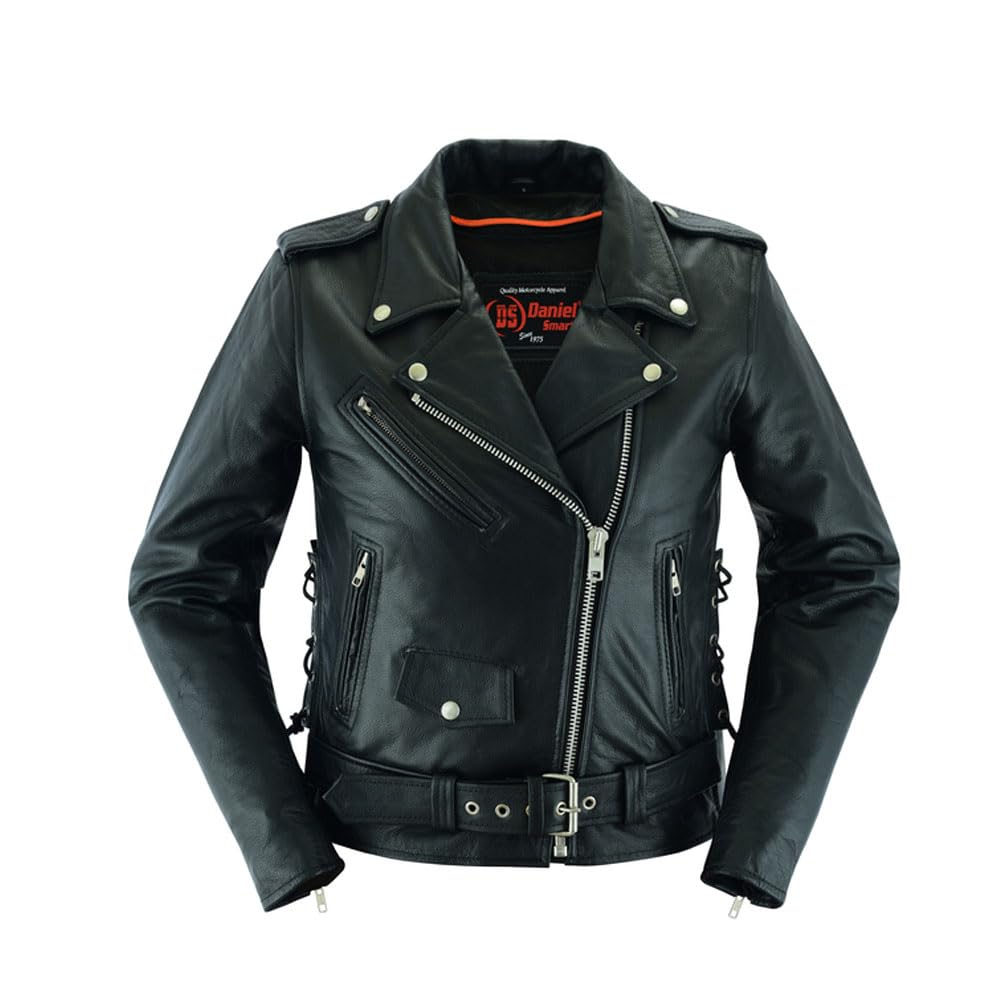 Daniel Smart Womens Motorcycle Jacket Real Cowhide Leather Bikers Jacket with Side Laces Zip-out Liner