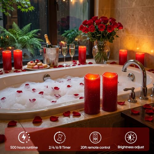 Image of 5plots 4 inchx10 inch Large Waterproof Flameless Candles Red LED Pillar Set of 2 | Battery operated LED candles with remote timer, realistic flicker, ideal design for patio, porch, lanterns & Christmas decor