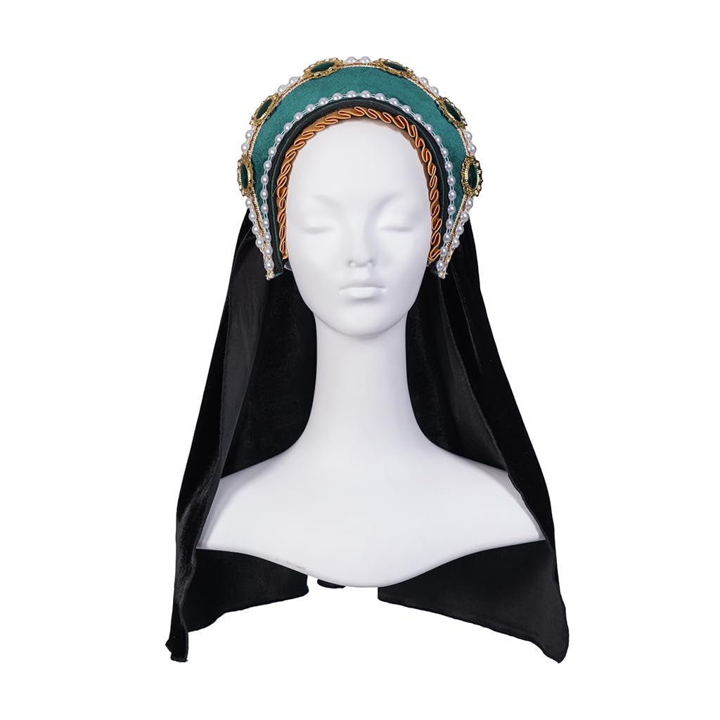 Willyacos Tudor French Hood Anne Boleyn Costume Headpiece Elizabethan Headwear Renaissance Tudor Hat Headdress Headband, Green, One Size