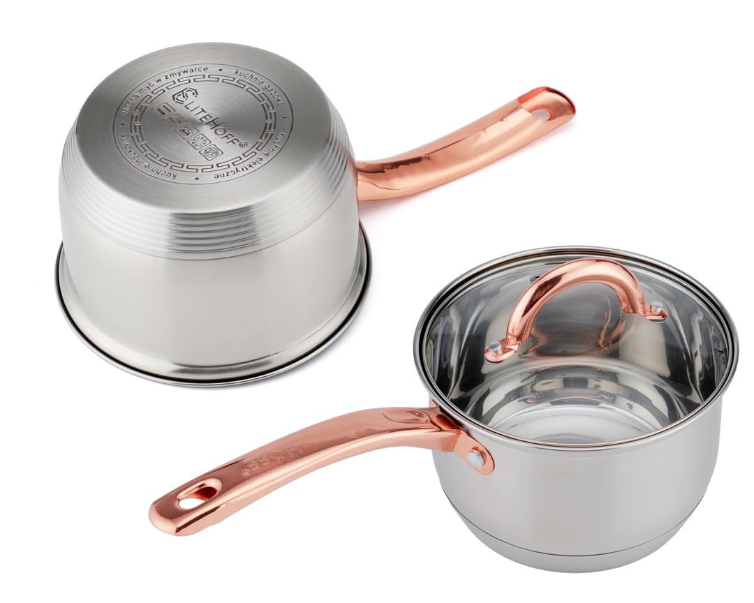 EliteHoff Topfset Induktion, Kochtopf Set mit Glasdeckel, 7-lagiger Edelstahl Topf- & Pfannensets mit Deckel, Griffe in Roségold, Kochgeschirr Set für alle Herdarten (12-teilig)