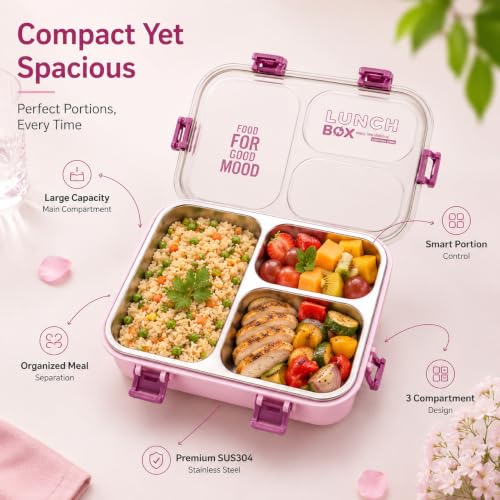 Image of Stainless Steel Lunch Box with 3 Compartments Leak Proof Airtight Lid BPA Free Food Storage Container Durable Portable Bento Tiffin for Kids Adults Office School Picnic (Light Pink)