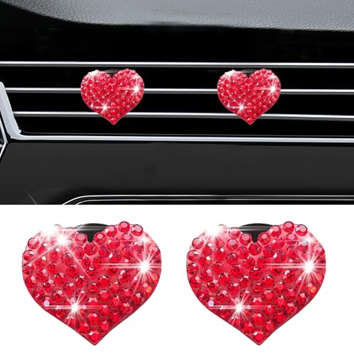 Image of Car Bling Air Vent Clips, 2 Pcs Bling Heart Charm Air Conditioning Outlet Clip, Crystal Rhinestone Accessories, Car Interior Decoration Cute Accessories for Women Girls (Red, Vanilla)