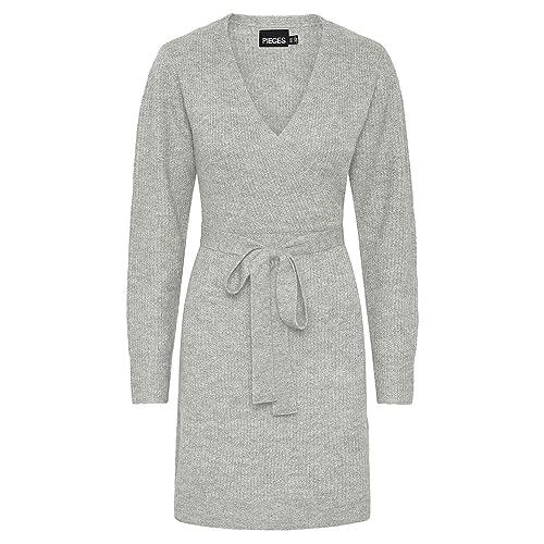 PIECES Damen Pcellen Ls Wrap Knit Dress Noos Bc, Light Grey Melange, M