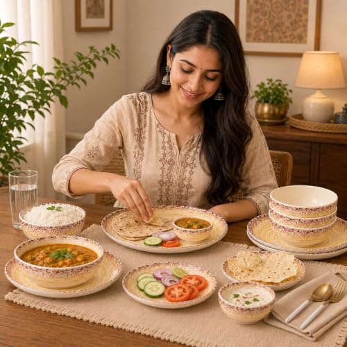 Image of MARKET 99 Cream Spiral Melamine Dinner Set 14 Pieces, Glossy Round Dinnerware with 6 Full Plates, 6 Quarter Plates, 6 Soup Bowls & 2 Serving Bowls, Food Safe & Refrigerator Safe