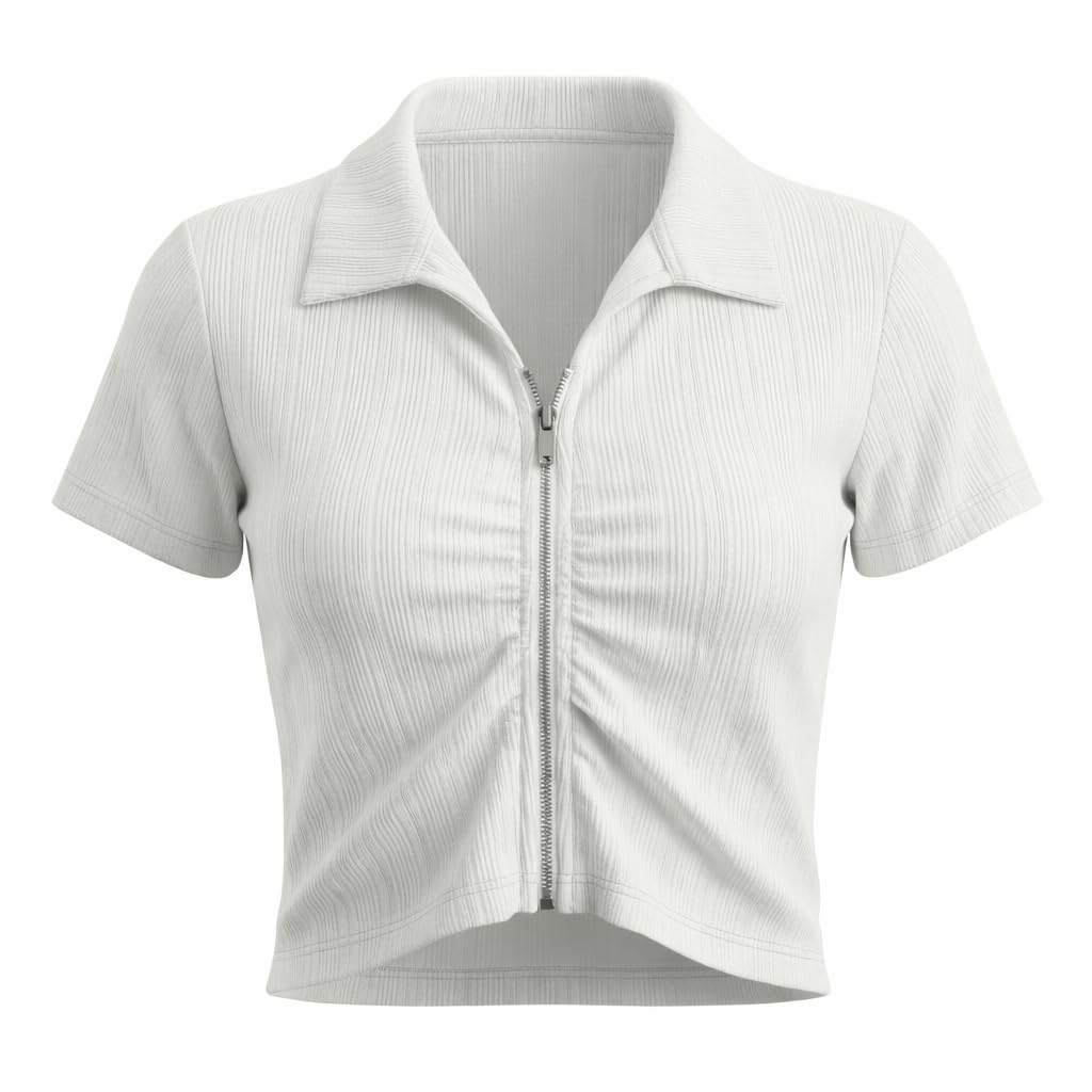 Women's Ribbed Knit Polo Crop Top, Slim Fit, Short Sleeve, Zipper Front, Stretch Fabric, Casual Sporty Style-image-20