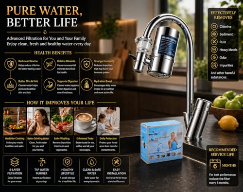 Image of Faucet Water Filter for Hard Water Softener with Adaptor for Bathroom Kitchen Sink Home - Reduce Hair Fall, Protects Skin | Remove Chlorine and Harmful Chemicals