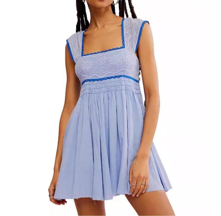 Womens Floral Lace Halter Mini Dress Elastic Corset Square Neck Sleeveless Flowy Ruched Dresses