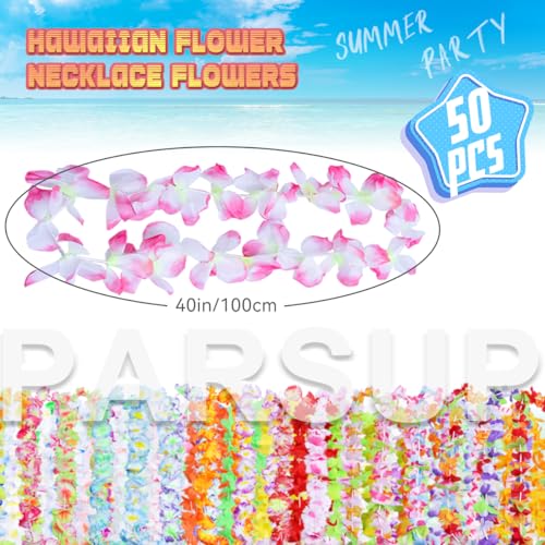 50 Stück hawaiianische Leis-Party-Dekorationen, 50 Stile hawaiianische Leis Bulk Hawaii-Blumen-Halskette für tropische Hawaii-Party-Themen-Strandparty-Zubehör, hawaiianische Nachtbar, Luau, Aloha