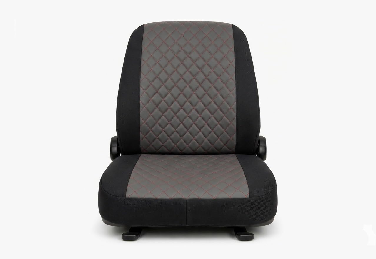 Susy Shop Coprisedile Universale per Muletto, Seduta e Schienale con Centro in Simil-Pelle, Cuciture Rinforzate, Protezione e Comfort per Sedili Agricoli e Industriali (Grigio Scuro - Rosso)