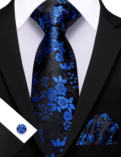Image of Barry.Wang Flower Ties for Men Handkerchief Cufflinks Set Wedding Necktie Set Party