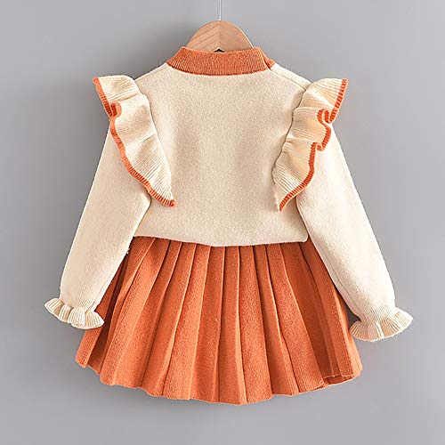 Toddler Kids Baby Girls Knit Sweater Dress Ruffle Long Sleeve Bowtie Sweater T-Shirt Top + Tutu Skirt Princess Casual Birthday Party Dresses Fall Winter Outfit Clothes 2Pcs Set Orange 5-6 Years #TOP2