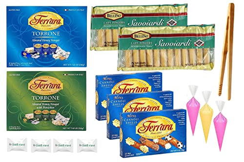 Bellino Savoiardi Lady Fingers, 7Oz (2Pack) W/Bamboo Tong,Ferrara Italian Torrone Variety Pack,7.62 Oz (Pack Of 2) W/ 4 Intfeast Mints,& Ferrara Mini Cannoli Shells (Pack Of 3) With 3 Pcs Piping Bags #TOP5