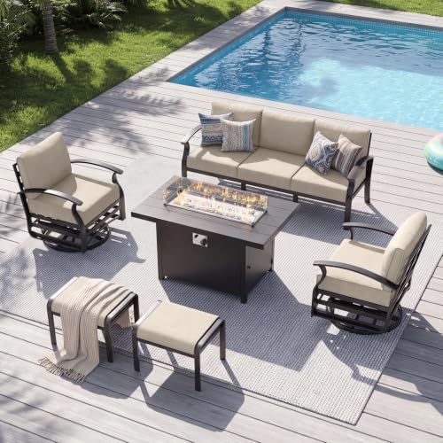 Image of Aluminum Patio Furniture Set with Fire Pit Table, 7 Seats Outdoor Patio Conversation Sets with Swivel Chairs, Modern Metal Sectional Sofa with Upgrade Cushions for Patio, Backyard, Deck - Sand