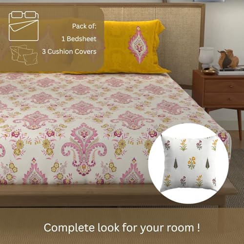 Image of Urban Space Divine 144TC 100% Cotton Printed Bedsheet for Double Bed, Double Bed Sheet Cotton with 2 Pillow Covers and 3 Cushion Covers with Giftbox (Motif Mustard - HG Yellow, Size 88 X 100 Inches)