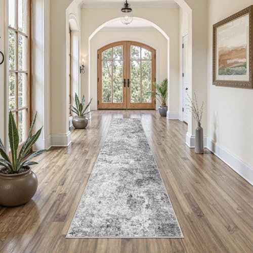 2X10 Washable Runner Rug for Hallway: Soft Neutral Modern Abstract Area Rug - Non-Slip Low Pile Long Throw Indoor Carpet for Kitchen Entryway Kitchen Bedroom Laundry - Grey