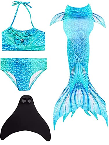 Pyjacos meerjungfrauenflosse mädchen Badeanzug - Meerjungfrau Flosse Bademode mit Bikini Set und Monoflosse Mermaid Tail, 4 Stück Set，blackseDH06-140