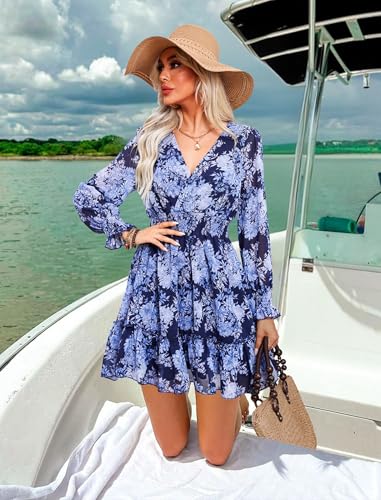 Image of Prettywear Women's Floral Boho V Neck Long Sleeve Mini A-Line Dresses 2024 Spring Summer Casual Flowy Ruffle Chiffon Dress, Medium