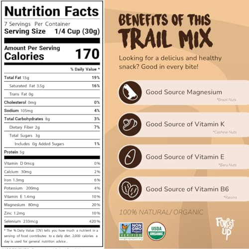 Image of Organic Trail Mix Nuts & Raisins 7oz - Brazil Nuts, Cashews, Baru Nuts & Raisins - Gluten Free, Non-GMO, Vegan, Healthy Snack - Forest Up