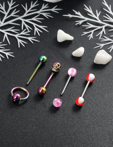 14G Silver/Rose-Gold/Rainbow Tongue Rings Piercing Jewelry for Women Men Work Surgical Steel Metal Tounge Barbell Acrylic Balls Set 29pcs3