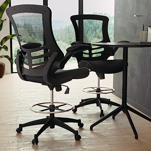 Image of Flash Furniture Kelista Mid-Back Swivel Office Chair with Adjustable LeatherSoft Seat Height, Ergonomic Mesh Chair with Flip-Up Arms, Black