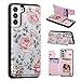 UEEBAI Wallet Case for Samsung Galaxy S21 5G with Card Holders, PU Leather Cover Kickstand RFID Blocking Double Magnetic Clasp Rilievo Flower Shockproof Flip Case for Women Girls - Purple Rose