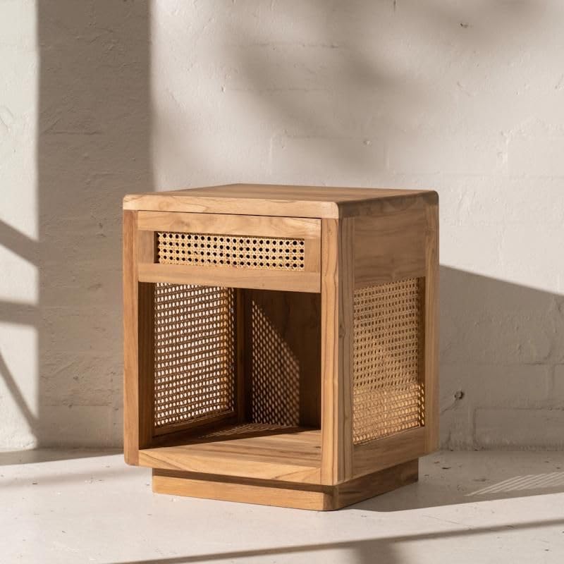 Dews Furniture Sheesham Wood Bedside Table for Bedroom - Canewood Nightstand Table with Drawers Storage - Wooden Rattan Table for Home & Office (Teak Finish)-image-32