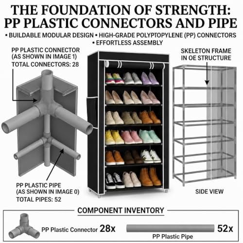 Image of EASY BUY Economy 6 Shelf Black Shoe Rack with Cover, Plastic Rack 6 Shelves with Zip Door Cover & Side Pocket | Dustproof Storage Organizer for Footwear, Clothes, Toy, Shoe Rack Plastic, Slipper Stand