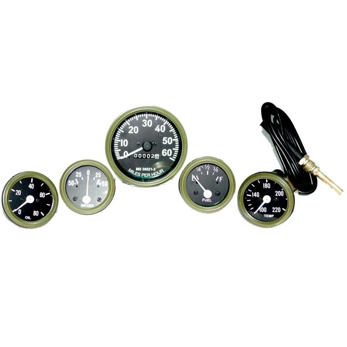 Miles Green Dial Gauge Set for Willys MB GPW, 5 Piece Speedometer Kit with Oil Pressure, Fuel, Temperature, Ampere Meters, Steel Construction, 83mm Speedometer, 52mm-image-9
