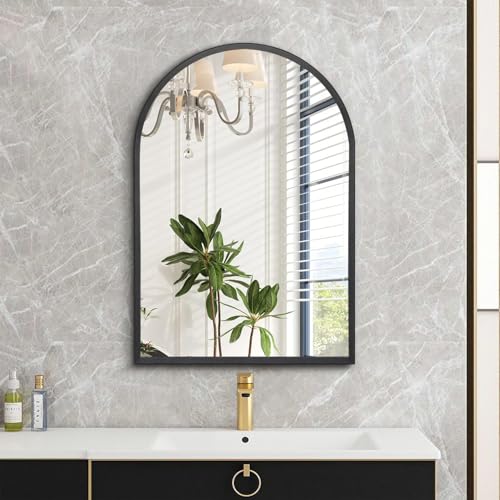Image of Arched Wall Mirror, 26 inchx18 inch Black Arch Mirror, Metal Frame Black Bathroom Mirror, Arched Vanity Mirror for Living Room Bedroom Mantel Entryway