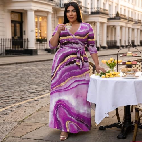 Image of Runwind Plus Size Dresses for Women Floral Maxi Dress Flowy 3 /4 Sleeve with Belt