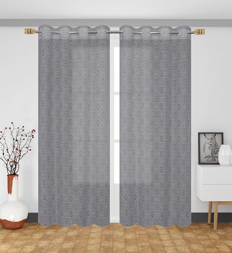 Image of Fabrilia Geometric Pattern Window Net Curtains 5 feet Long Set of 2 for Living Room /Bedroom, Grey