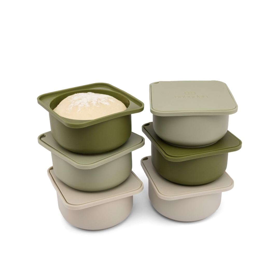 Babadoh Silicone Pizza Dough Proofing Containers with Lids | Pizza Making Accessories | Set of 6 | Multi Green (2 Dough, 2 Olive, 2 Sage) | Original Size (Make 12" Pizzas)