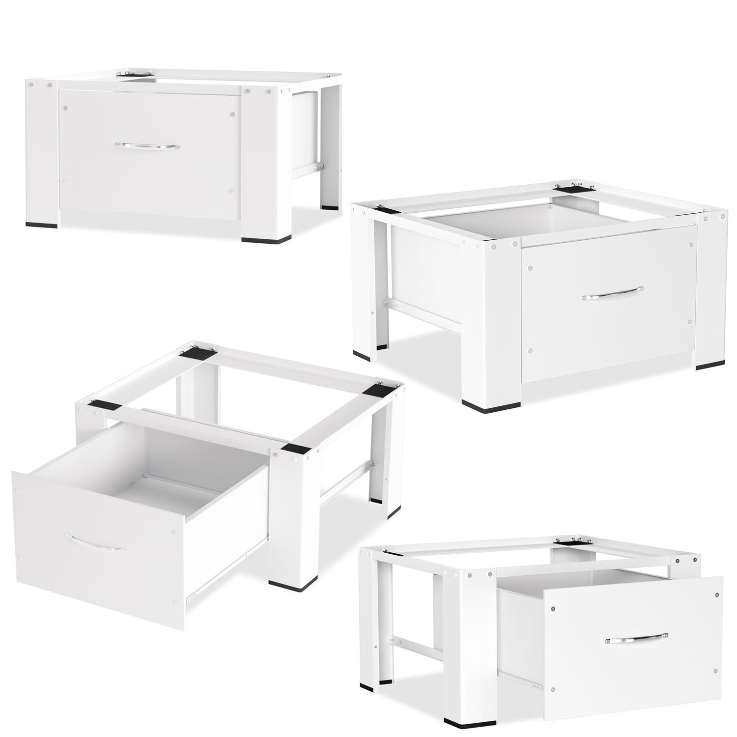 Fiqops 4 x base per lavatrice con cassetto fino a 150 kg, rialzo per lavatrice con cassetto, base in acciaio max. 62,5 x 54,5 x 32,5 cm, colore bianco