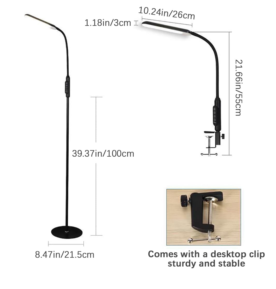 Moderne Stehlampe Tischlampe 2-in-1 Mit Desktop-Clip LED-Beleuchtungskörper Touch-dimmbar 3000–6000 K Tragbare Schwanenhals-Stehlampe Für Schlafzimmer Wohnzimmer Arbeitszimmer Büro(Black)
