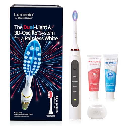 DermRays Lumenic Red Light Electric Toothbrush 3D Sonic Toothbrush with Pap Teeth Whitening & Enamel Repair Includes 6-Month Supply of Replacement Brush Heads USB Rechargeable Grey