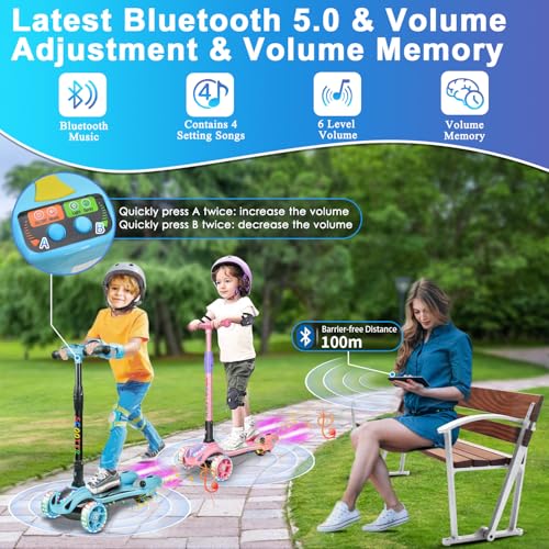 Image of 3 Wheel Scooter for Kids, Toddler Scooter with Bluetooth Music Speaker Steam Sprayer LED Lights Aluminum Alloy T-Bar, Folding Kick Scooters for Boys Girls Ages 3-10