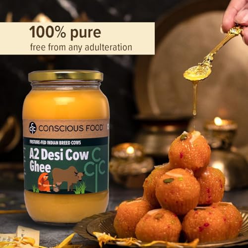 Image of Conscious Food A2 Desi Cow Ghee | 500ml | 100% Pure and Premium | Cultured Desi Cow | Natural | Grass Fed | Non - GMO | Immunity Booster | Locally Sourced | Produced in small batches (Pack of 2)