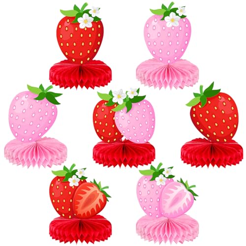 Faccito 7 Pcs Fruit Themed Party Decorations Strawberry Lemon Honeycomb Centerpieces Summer Fruit Table Decorations for Sweet Berry One Birthday Lemonade Table Toppers(Strawberry)